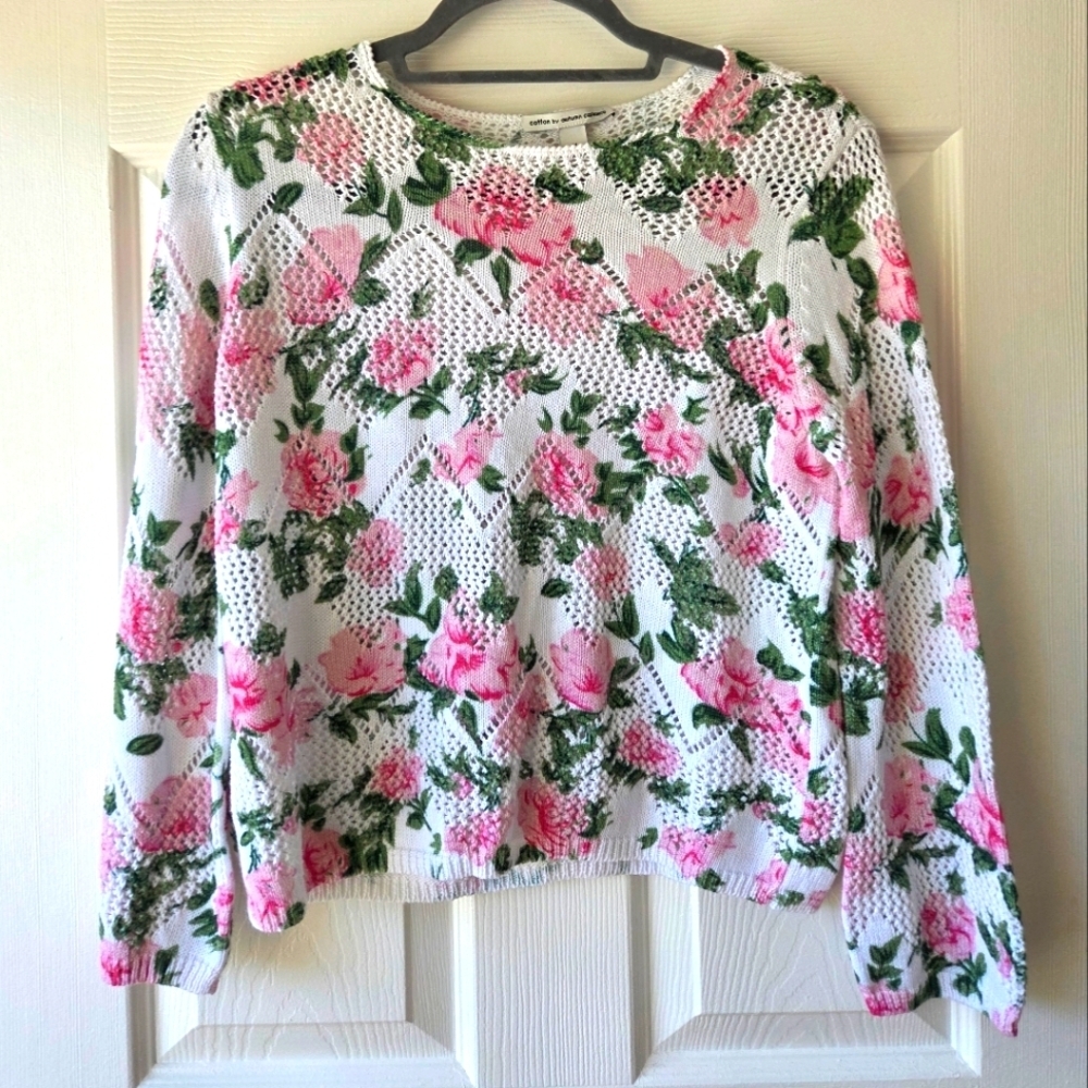 Cotton By Autumn Cashmere Floral Knit Sweater Size M Floral Knit Pink Flowers